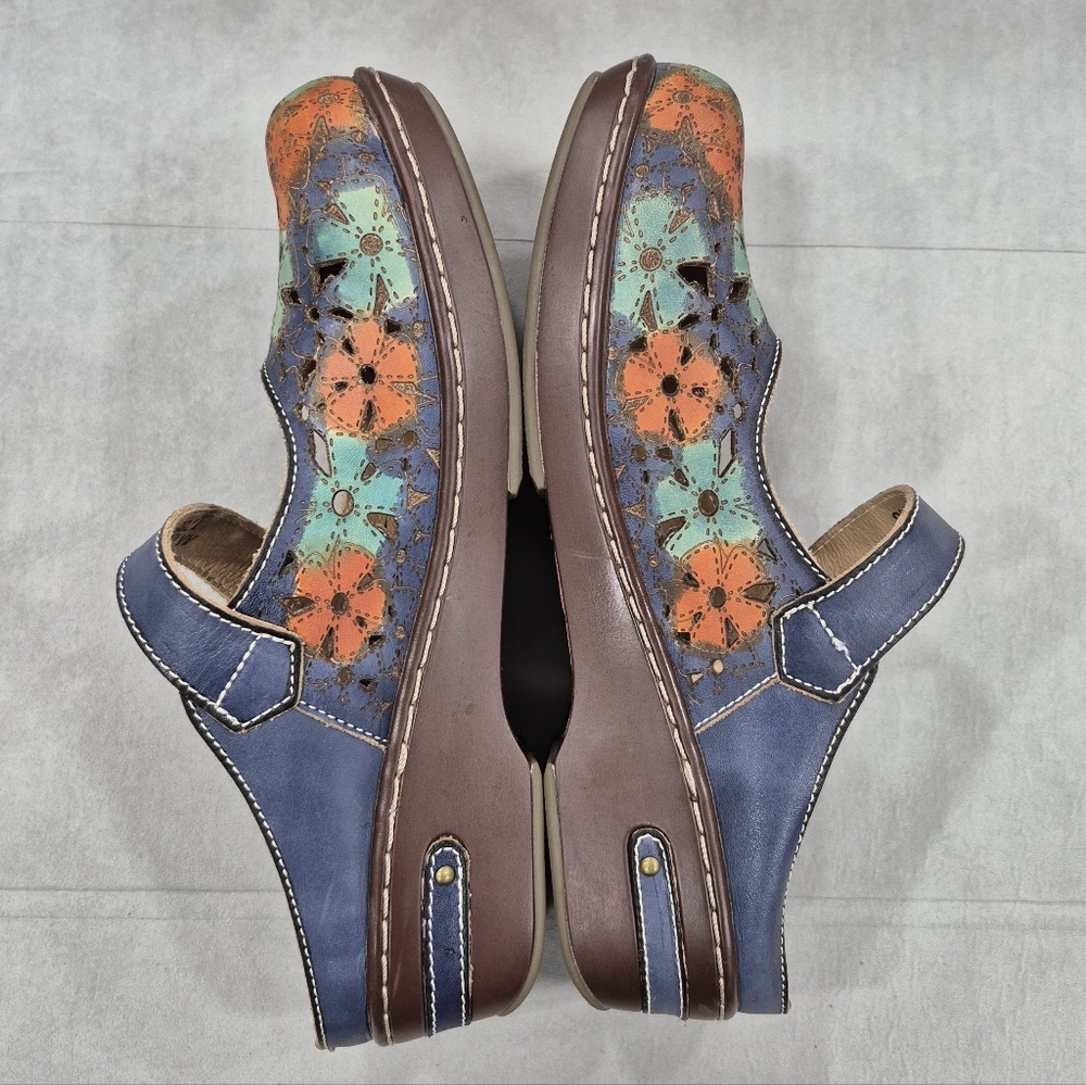 Spring Step Blue Multi Floral Leather Mary Jane Clog Mules - Picture 7 of 14